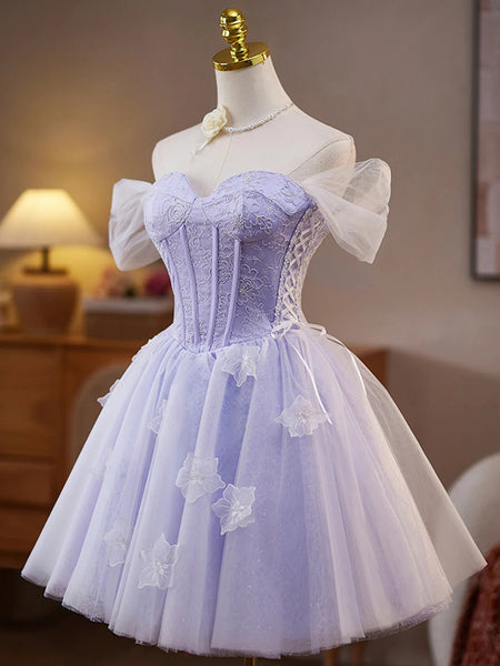 A Line off the Shoulder Short Purple Lace Prom Dresses, Short Lilac Purple Lace Formal Homecoming Dresses
