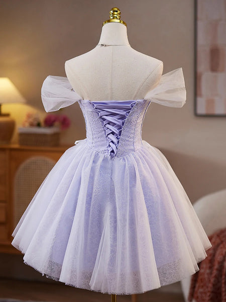 A Line off the Shoulder Short Purple Lace Prom Dresses, Short Lilac Purple Lace Formal Homecoming Dresses