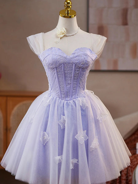 A Line off the Shoulder Short Purple Lace Prom Dresses, Short Lilac Purple Lace Formal Homecoming Dresses