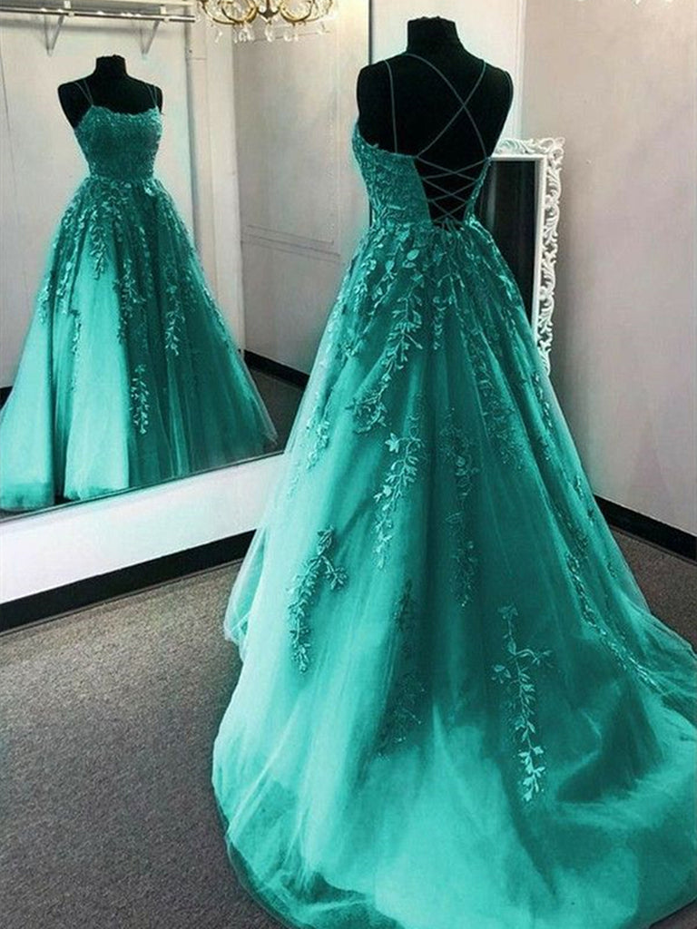 Backless Green Tulle Lace Prom Dresses, Open Back Green Lace Formal Evening Dresses