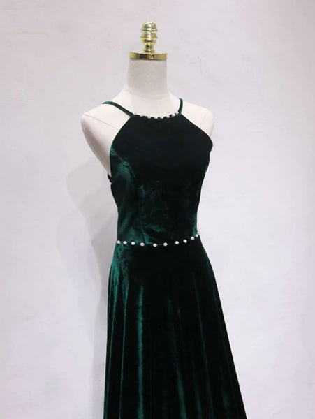 Backless Green Velvet Long Prom Dresses, Dark Green Open Back Long Formal Evening Dresses