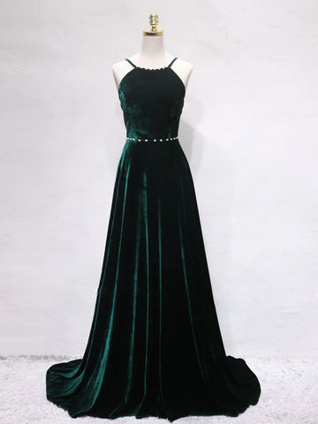 Backless Green Velvet Long Prom Dresses, Dark Green Open Back Long Formal Evening Dresses