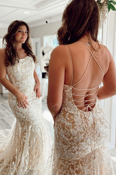 Backless Mermaid Champagne Lace Long Prom Dresses, Champagne Lace Formal Graduation Evening Dresses