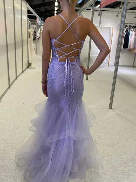 Backless Mermaid Lilac Lace Long Prom Dresses with 3D Flowers, Lilac Lace Formal Dresses, Lilac Floral Evening Dresses