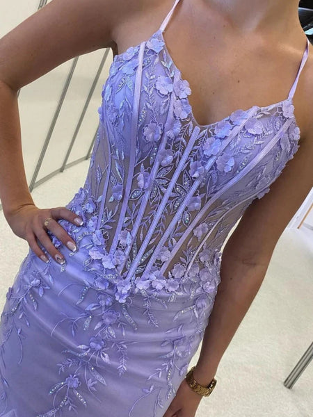 Backless Mermaid Lilac Lace Long Prom Dresses with 3D Flowers, Lilac Lace Formal Dresses, Lilac Floral Evening Dresses