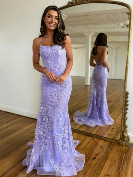 Backless Mermaid Purple Lace Prom Dresses, Open Back Mermaid Purple Lace Formal Graduation Dresses