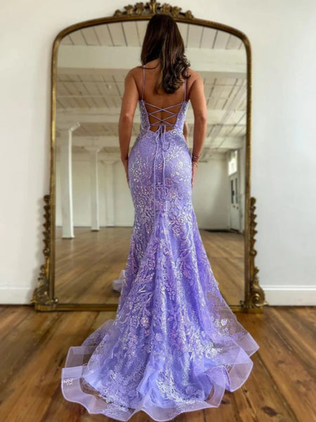 Backless Mermaid Purple Lace Prom Dresses, Open Back Mermaid Purple Lace Formal Graduation Dresses