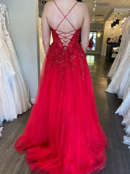 Backless Red Lace Prom Dresses, Open Back Red Long Lace Formal Evening Dresses