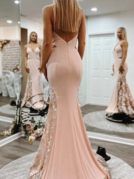 Backless V Neck Mermaid Dusty Pink Floral Long Prom Dresses, Mermaid Dusty Pink Formal Graduation Evening Dresses