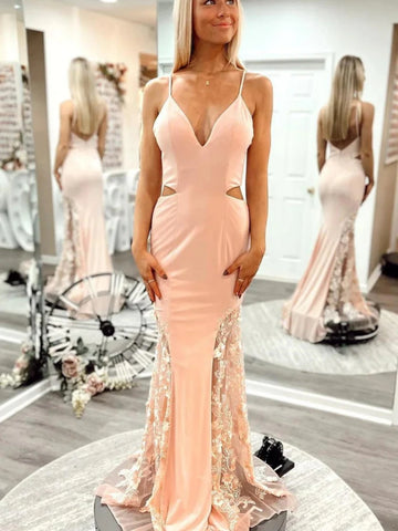 Backless V Neck Mermaid Dusty Pink Floral Long Prom Dresses, Mermaid Dusty Pink Formal Graduation Evening Dresses