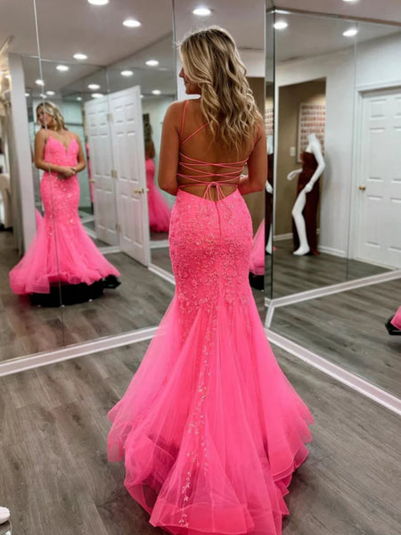 Backless V Neck Mermaid Pink Lace Long Prom Dresses, Mermaid Pink Formal Dresses, Pink Lace Evening Dresses