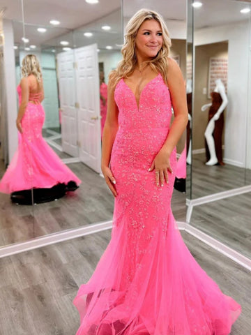 Backless V Neck Mermaid Pink Lace Long Prom Dresses, Mermaid Pink Formal Dresses, Pink Lace Evening Dresses