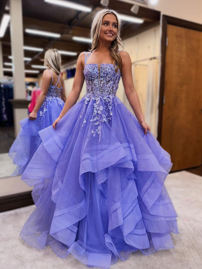 Backless V Neck Purple Lace Prom Dresses, V Neck Purple Lace