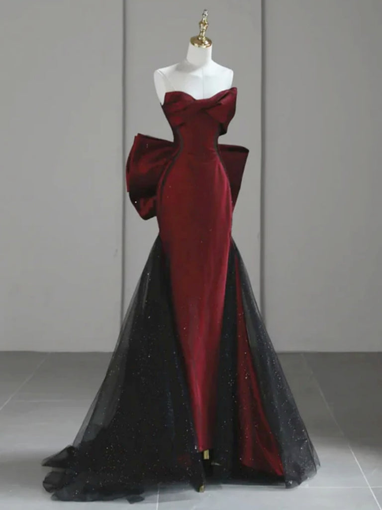 Black Red Mermaid Long Prom Dresses with Bow, Black Red Mermaid Long Formal Evening Dresses