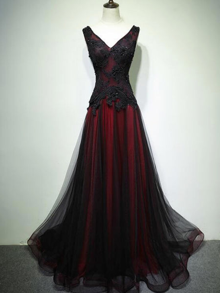 Black Red V Neck Long Tulle Prom Dresses, Black Red V Neck Long Formal Dresses