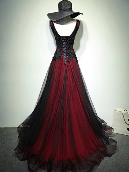 Black Red V Neck Long Tulle Prom Dresses, Black Red V Neck Long Formal Dresses