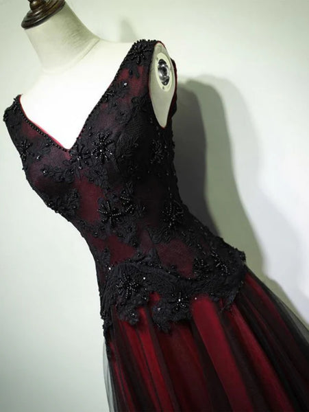 Black Red V Neck Long Tulle Prom Dresses, Black Red V Neck Long Formal Dresses