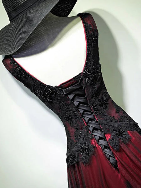 Black Red V Neck Long Tulle Prom Dresses, Black Red V Neck Long Formal Dresses