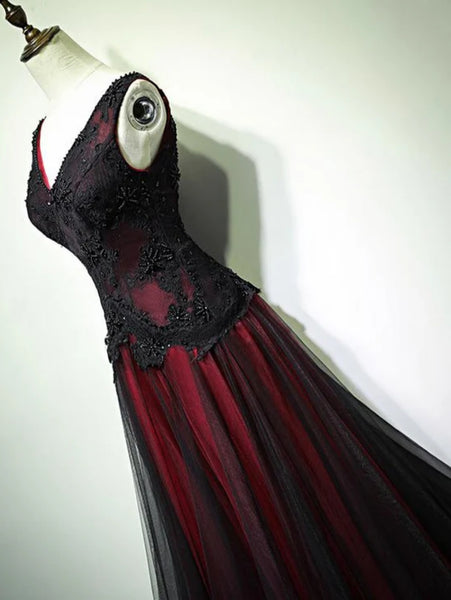 Black Red V Neck Long Tulle Prom Dresses, Black Red V Neck Long Formal Dresses