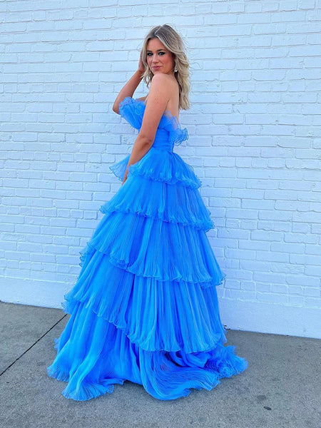 Blue Layered High Low Long Prom Dresses, Blue Layered High Low Long Formal Evening Dresses