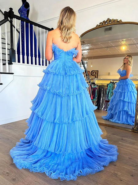Blue Layered High Low Long Prom Dresses, Blue Layered High Low Long Formal Evening Dresses