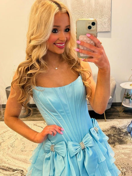 Blue Pink Layered Satin Prom Dresses, Hot Pink Blue Layered Long Formal Evening Dresses