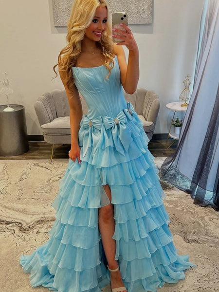 Blue Pink Layered Satin Prom Dresses, Hot Pink Blue Layered Long Formal Evening Dresses