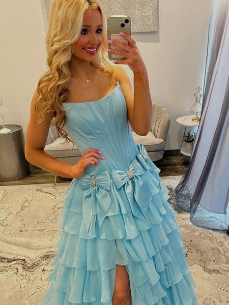 Blue Pink Layered Satin Prom Dresses, Hot Pink Blue Layered Long Formal Evening Dresses