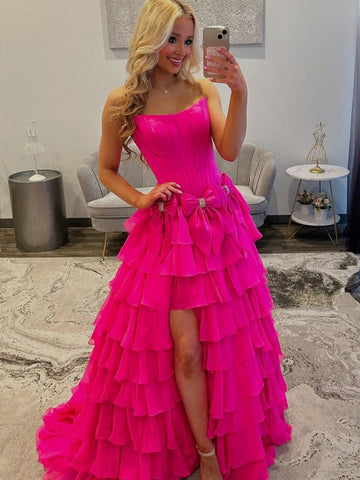 Blue Pink Layered Satin Prom Dresses, Hot Pink Blue Layered Long Formal Evening Dresses