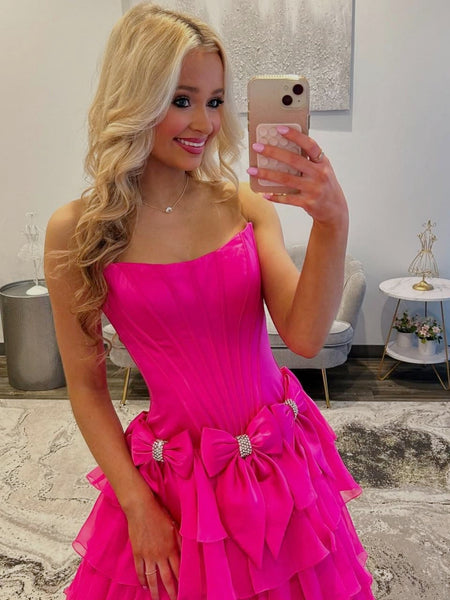 Blue Pink Layered Satin Prom Dresses, Hot Pink Blue Layered Long Formal Evening Dresses