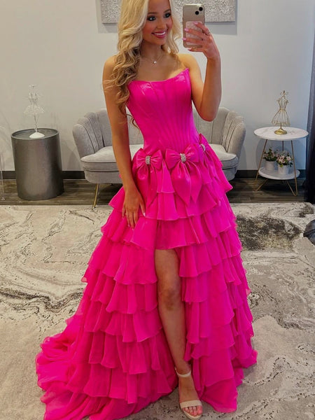 Blue Pink Layered Satin Prom Dresses, Hot Pink Blue Layered Long Formal Evening Dresses