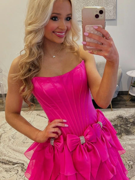 Blue Pink Layered Satin Prom Dresses, Hot Pink Blue Layered Long Formal Evening Dresses