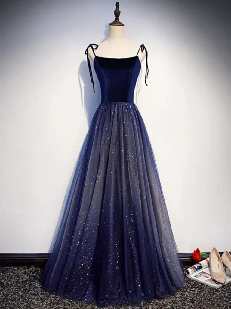 Blue Velvet Tulle Long Prom Dresses, Blue Velvet Tulle Long Formal Dresses