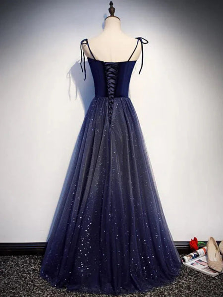 Blue Velvet Tulle Long Prom Dresses, Blue Velvet Tulle Long Formal Dresses