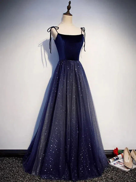 Blue Velvet Tulle Long Prom Dresses, Blue Velvet Tulle Long Formal Dresses