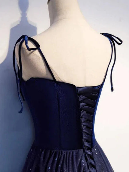 Blue Velvet Tulle Long Prom Dresses, Blue Velvet Tulle Long Formal Dresses