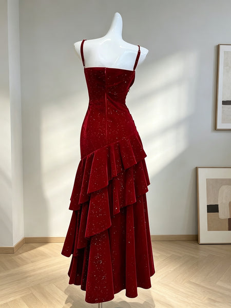 Burgundy Velvet Long Mermaid Prom Dresses, Wine Red Long Fomal Graduation Dresses