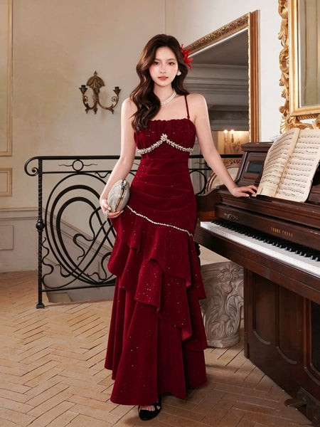 Burgundy Velvet Long Mermaid Prom Dresses, Wine Red Long Fomal Graduation Dresses