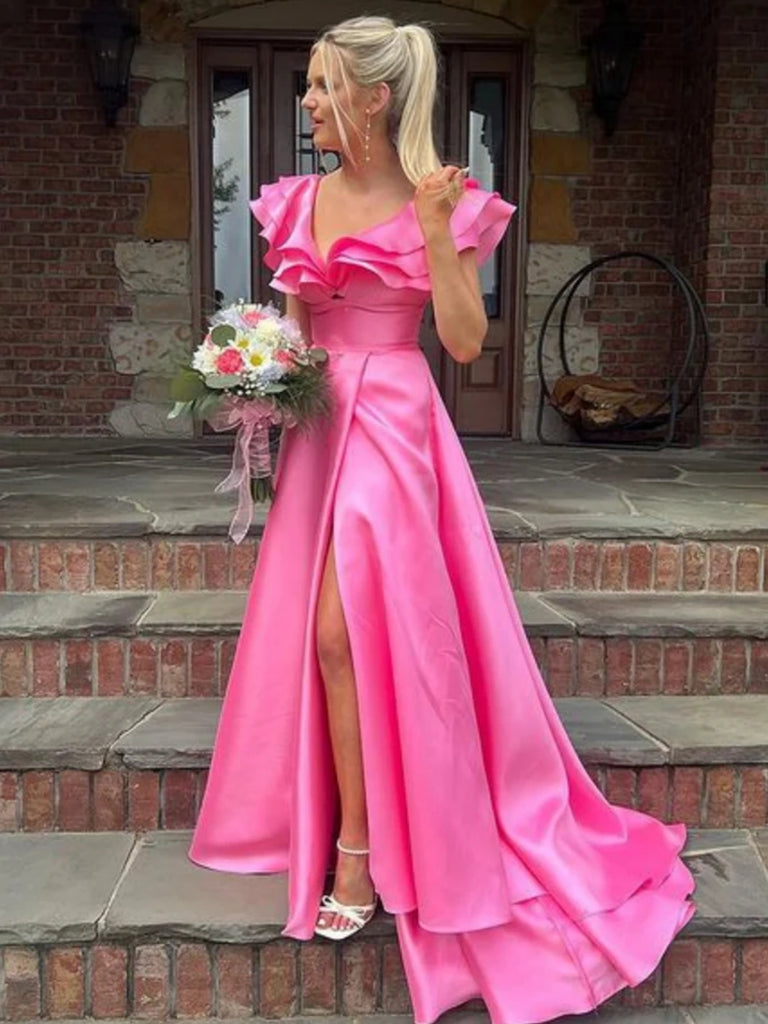Cap Sleeves Hot Pink Satin Long Prom Dresses with High Slit, Long Pink jbydress Cap Sleeves Hot Pink Satin Long Prom Dresses with High Slit, Long Pink jbydress