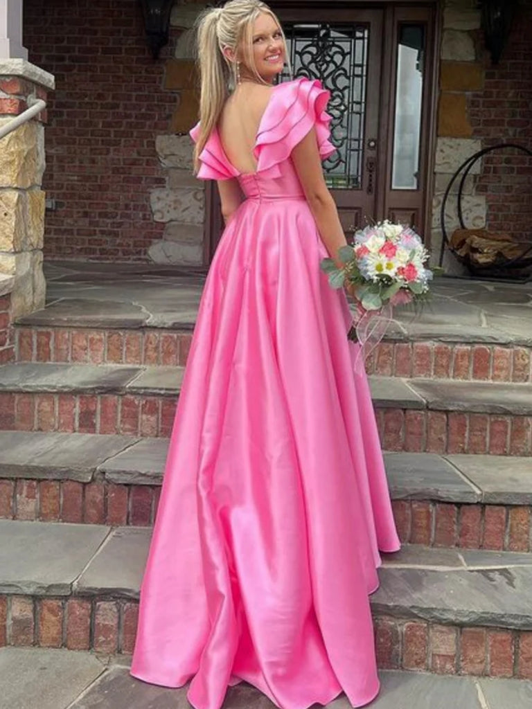 Cap Sleeves Hot Pink Satin Long Prom Dresses with High Slit, Long Pink jbydress Cap Sleeves Hot Pink Satin Long Prom Dresses with High Slit, Long Pink jbydress