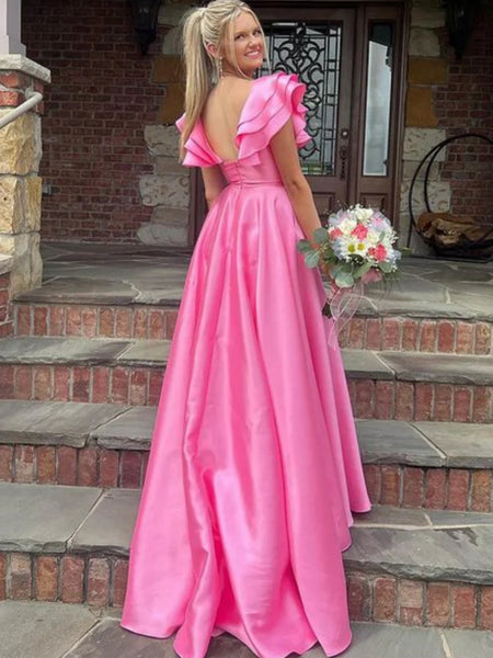 Cap Sleeves Hot Pink Satin Long Prom Dresses with High Slit, Long Pink Formal Graduation Evening Dresses