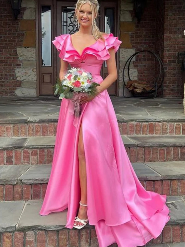 Cap Sleeves Hot Pink Satin Long Prom Dresses with High Slit, Long