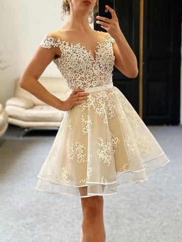 Cap Sleeves Short Champagne Lace Prom Dresses, Short Champagne Lace Formal Homecoming Dresses