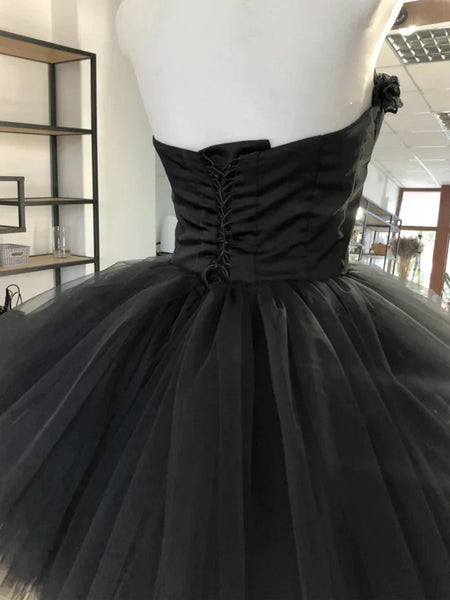 Chic Strapless Black Short Prom Dresses with Flowers, Short Black Homecoming Dresses, Black Formal Evening Dresses