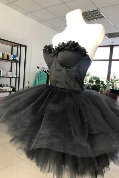 Chic Strapless Black Short Prom Dresses with Flowers, Short Black Homecoming Dresses, Black Formal Evening Dresses