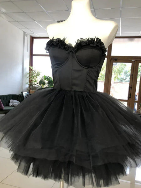 Chic Strapless Black Short Prom Dresses with Flowers, Short Black Homecoming Dresses, Black Formal Evening Dresses