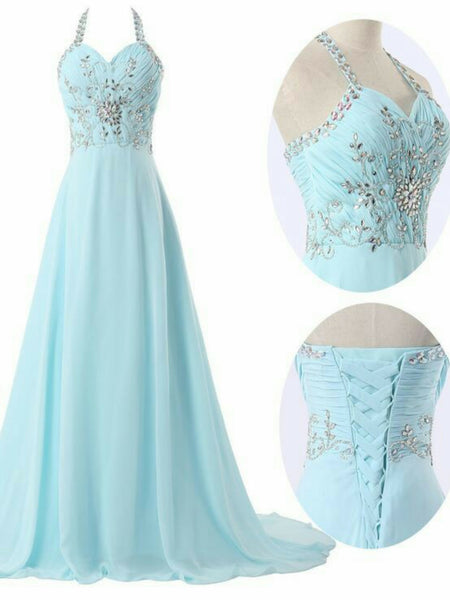 Custom Made A Line Halter Neck Sweep Train Prom Dresses, Long Evening Dresses, Formal Dresses