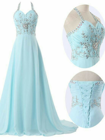 Custom Made A Line Halter Neck Sweep Train Prom Dresses, Long Evening Dresses, Formal Dresses