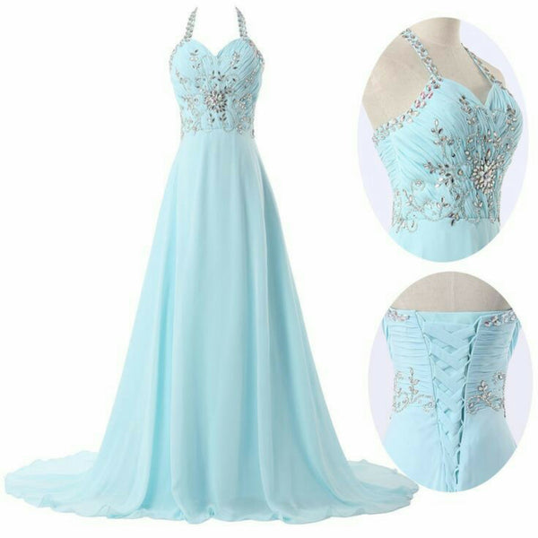 Custom Made A Line Halter Neck Sweep Train Prom Dresses, Long Evening Dresses, Formal Dresses