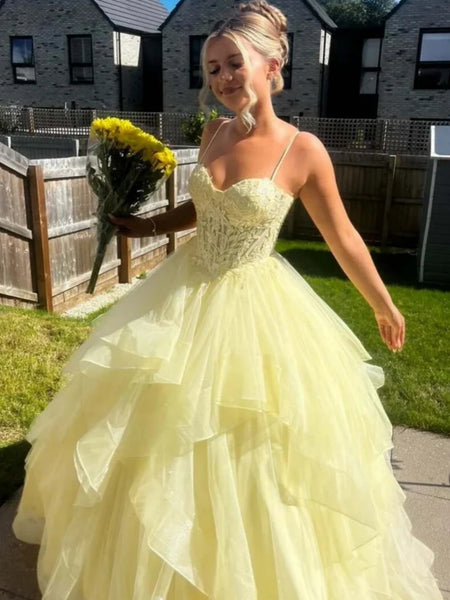 Custom Pale Yellow Spaghetti Straps Lace Prom Dress, Sweetheart Tiered Ruffle Yellow Lace Formal Evening Dress